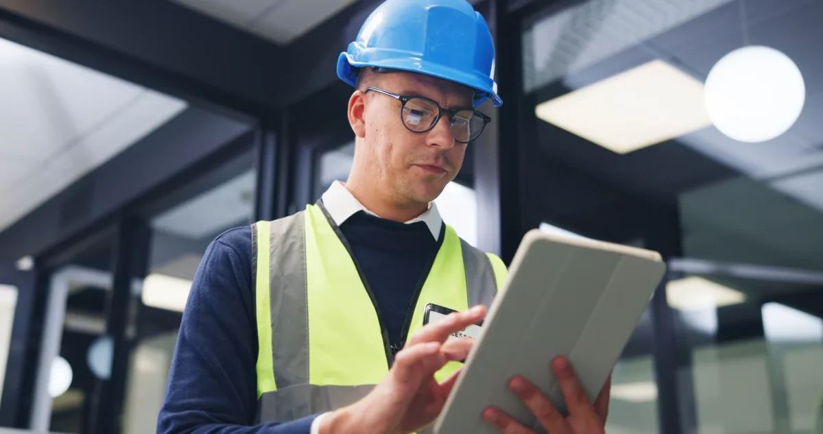 Facilities maintenance engineer reviewing site information on a tablet