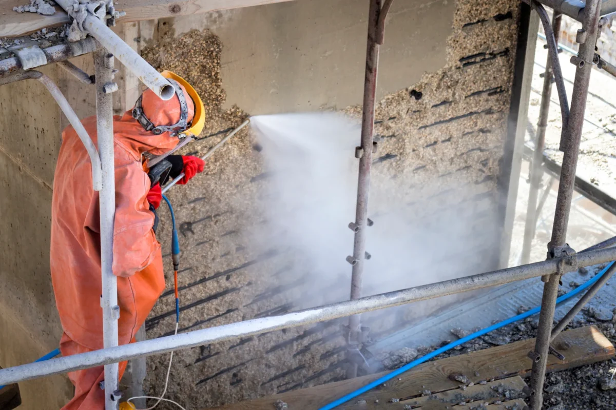 Worker in protective clothing water-jetting a concrete structure from a scaffold platform.
