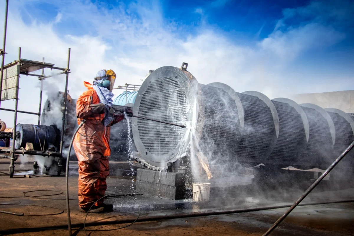 Worker in protective clothing water-jetting a large industrial heat-exchanger tube bundle.