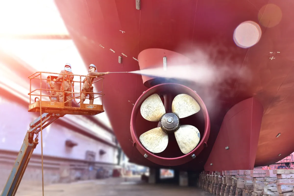 Protected workers water-jetting a ship hull from an elevated work platform