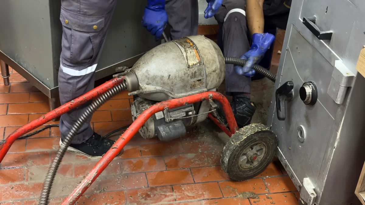 Workers operating a powered drum drain-cleaning machine on a commercial kitchen floor.