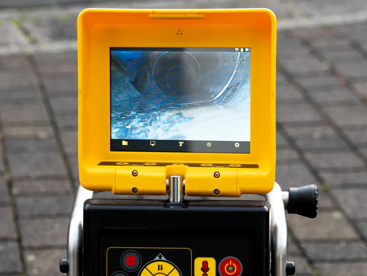 Portable drainage inspection monitor beside a sewer access point.