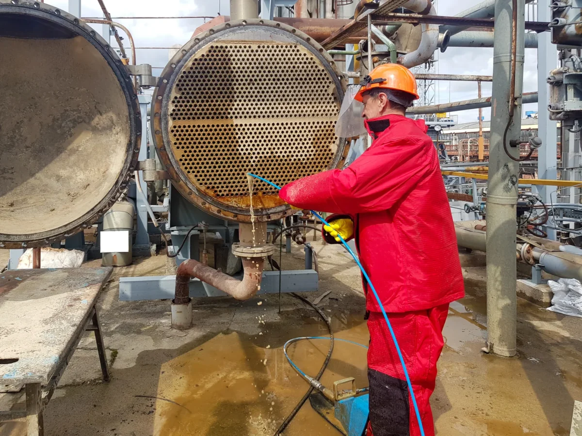Worker cleaning the tube openings of an industrial heat exchanger with water-jetting equipment.