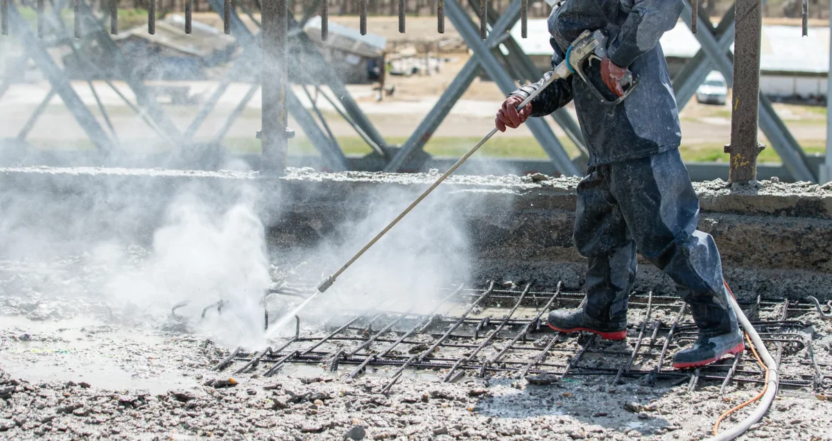 Worker water-jetting damaged concrete around exposed reinforcement