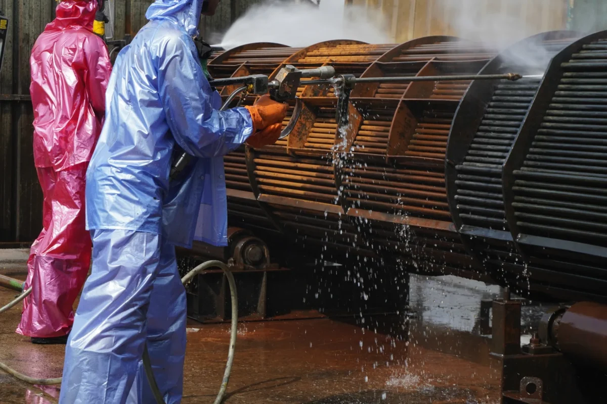 Workers in protective suits water-jetting the outside of an industrial tube bundle.