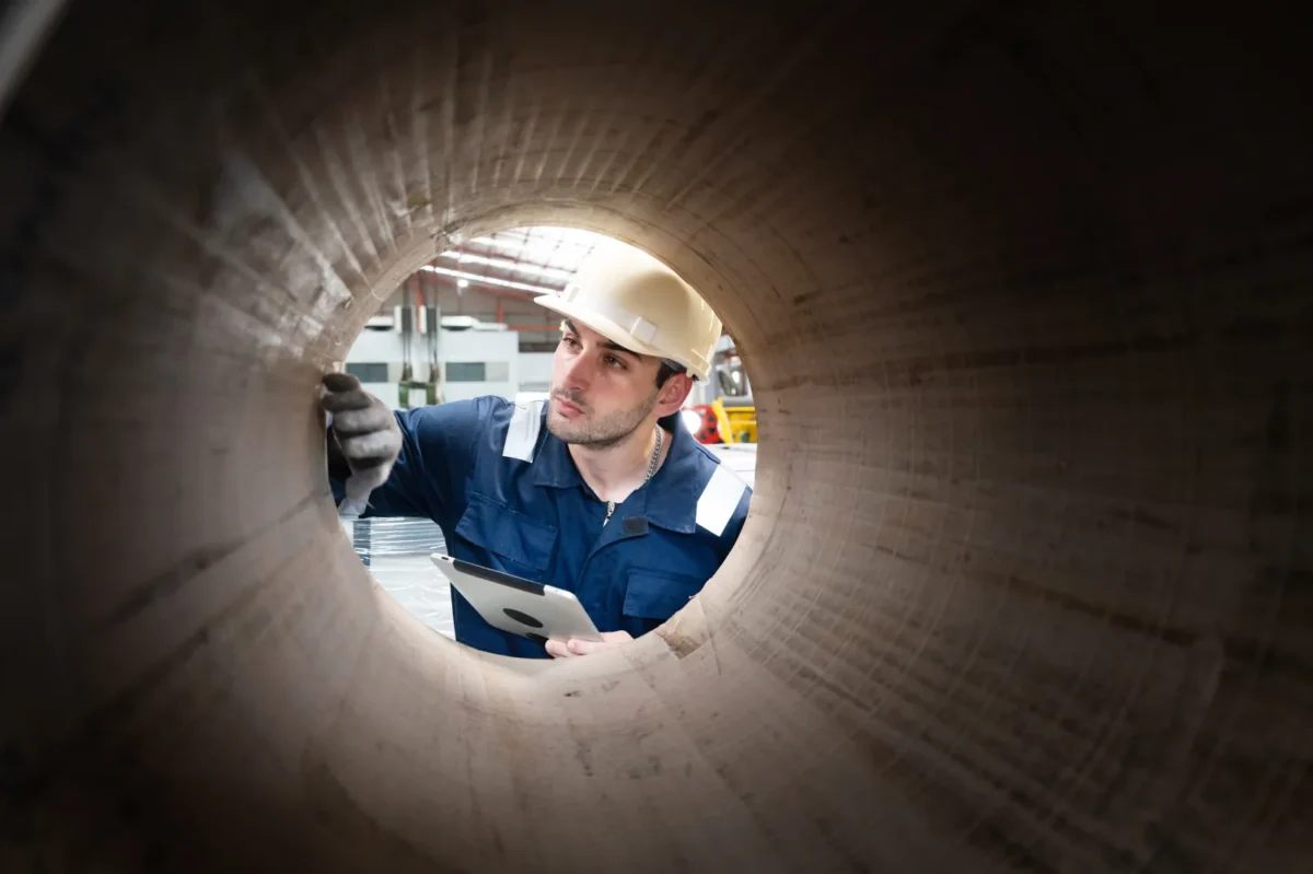 Engineer inspecting the inner surface of a large industrial pipe.