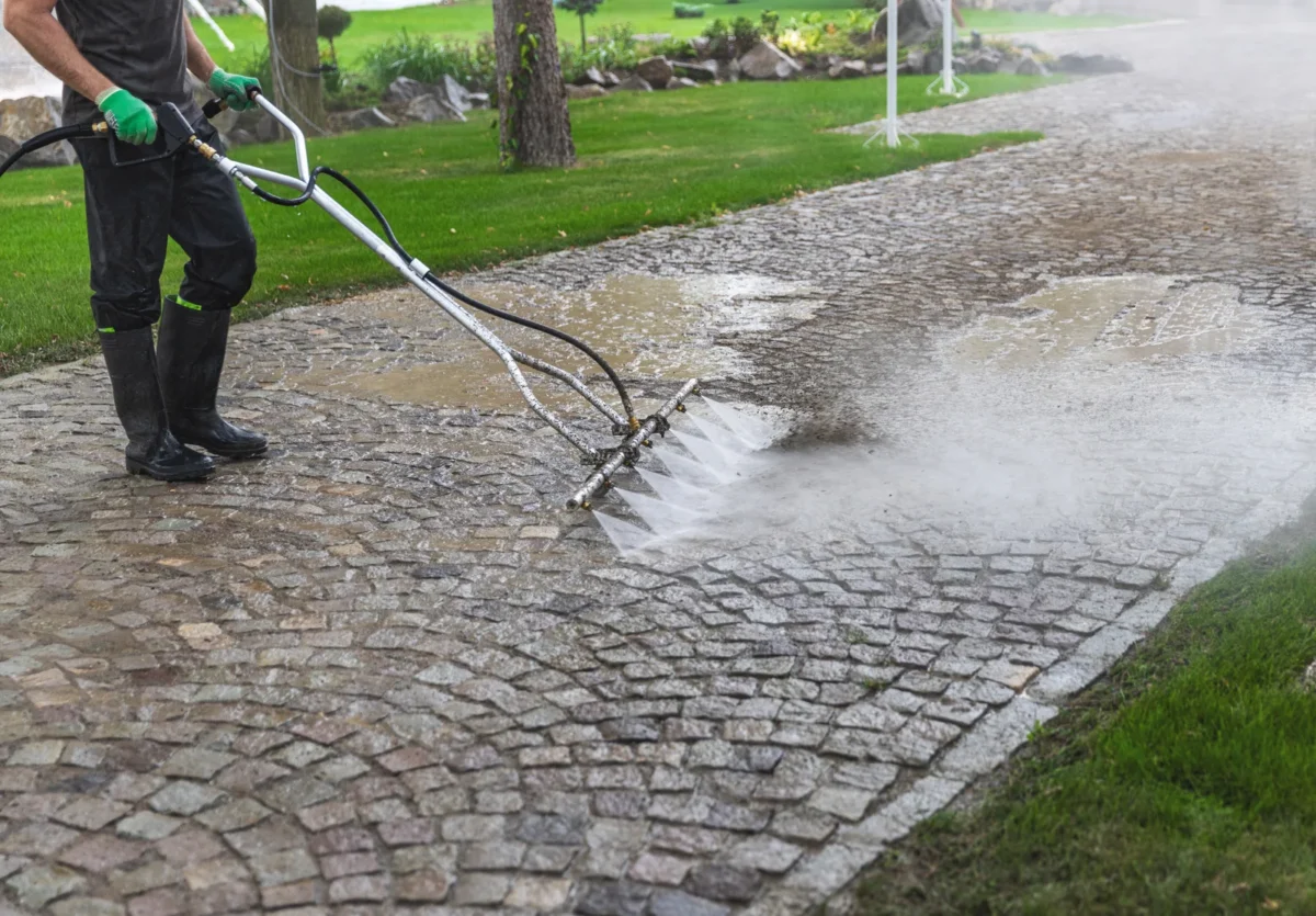 Pressure-washing equipment cleaning an outdoor paved surface